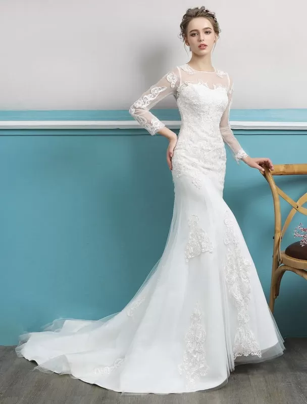 Mermaid Wedding Dresses Long Sleeve Ivory Lace Illusion Train Bridal Gowns