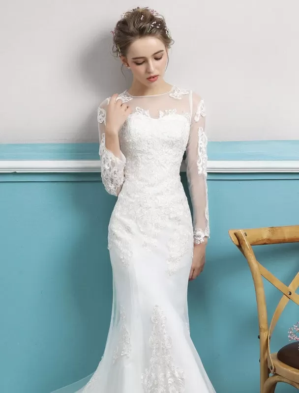 Mermaid Wedding Dresses Long Sleeve Ivory Lace Illusion Train Bridal Gowns