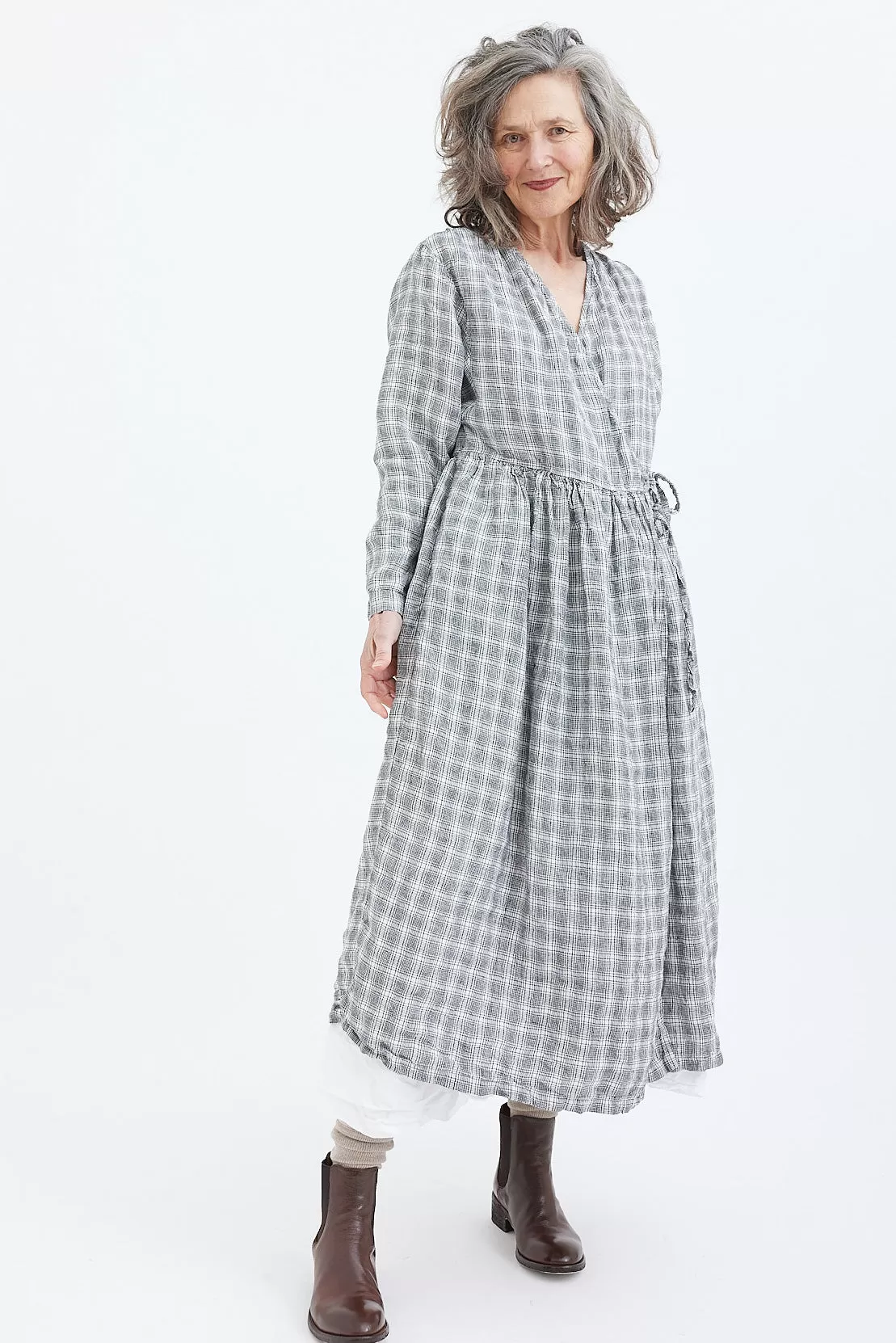 Metta - Amelie Wrap Dress - Textured Linen Black Check