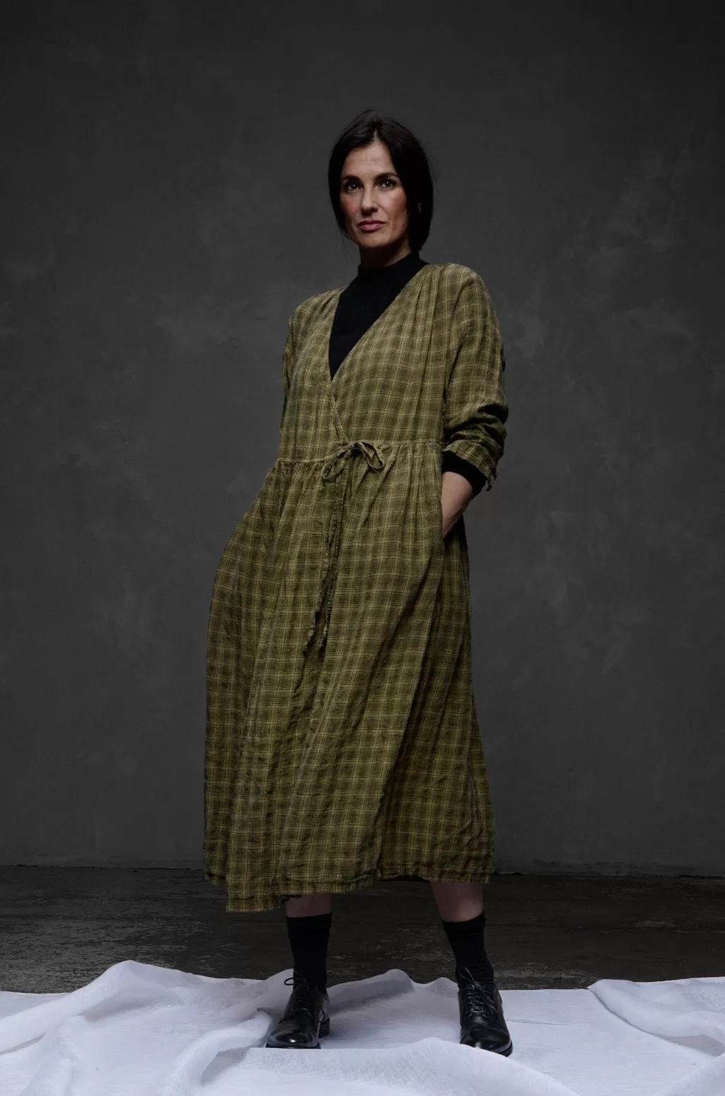 Metta - Amelie Wrap Dress - Textured Linen Black Check