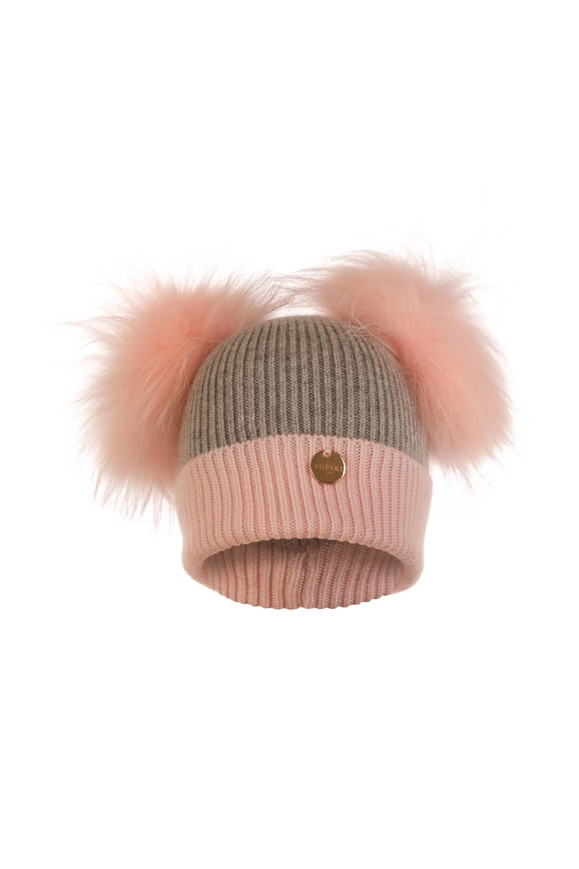 Mini Double Angora Baby Pink and Whisper Grey Pom Pom Hat