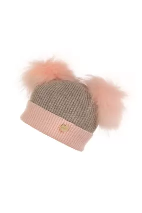 Mini Double Angora Baby Pink and Whisper Grey Pom Pom Hat