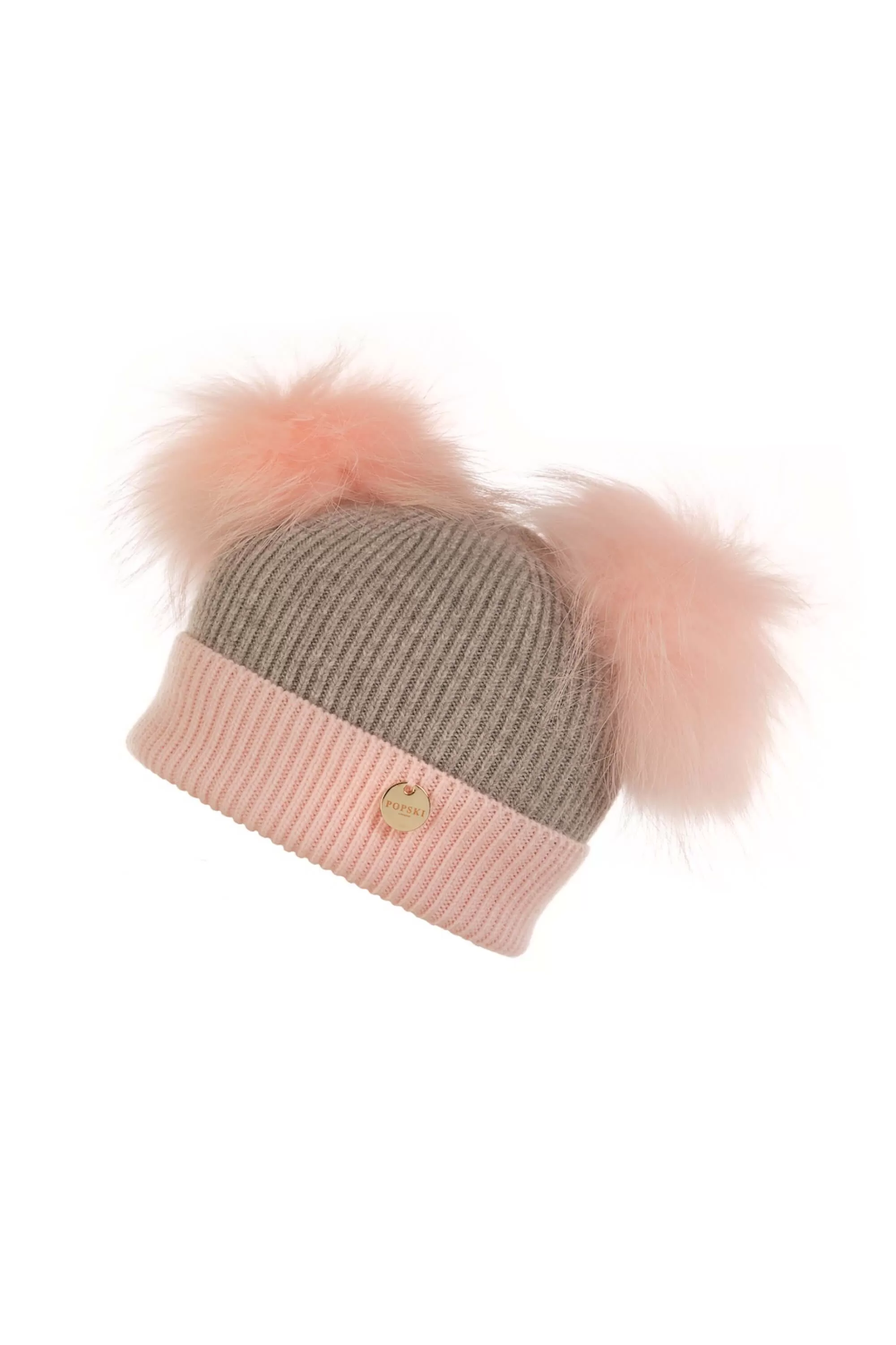 Mini Double Angora Baby Pink and Whisper Grey Pom Pom Hat