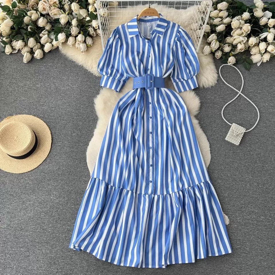 Misa Striped Statement Dress In Blue