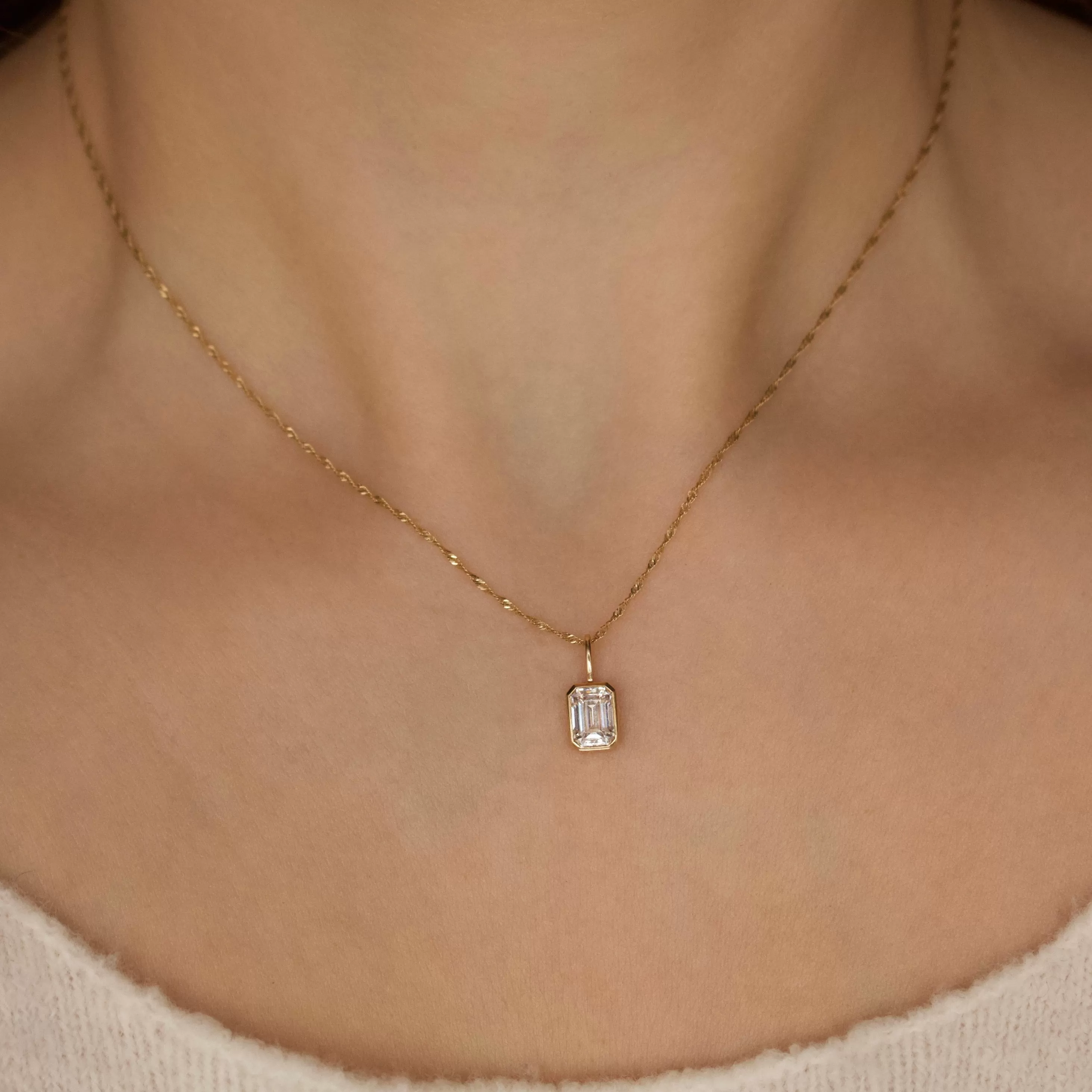 Moissanite Emerald Cut Bezel Set Pendant