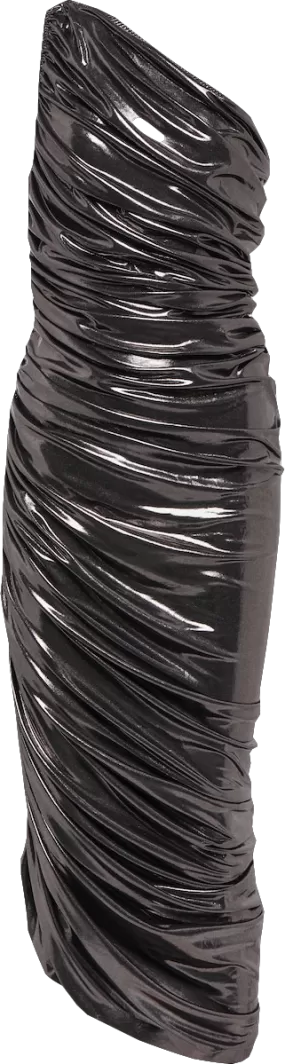 Norma Kamali Shiny Black Ruched One Shoulder Doana Dress UK S