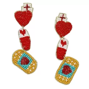 Nurse Theme Seed Beaded Hat Heart Dangle Earrings