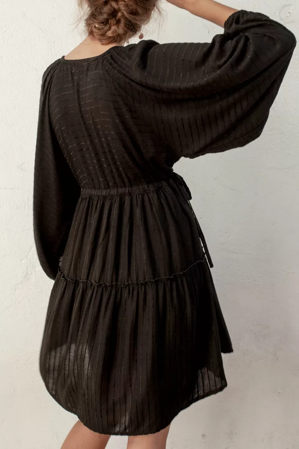 Oleander Black Stripe Smock Drawstring LS Dress