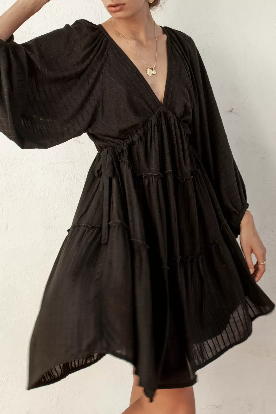 Oleander Black Stripe Smock Drawstring LS Dress