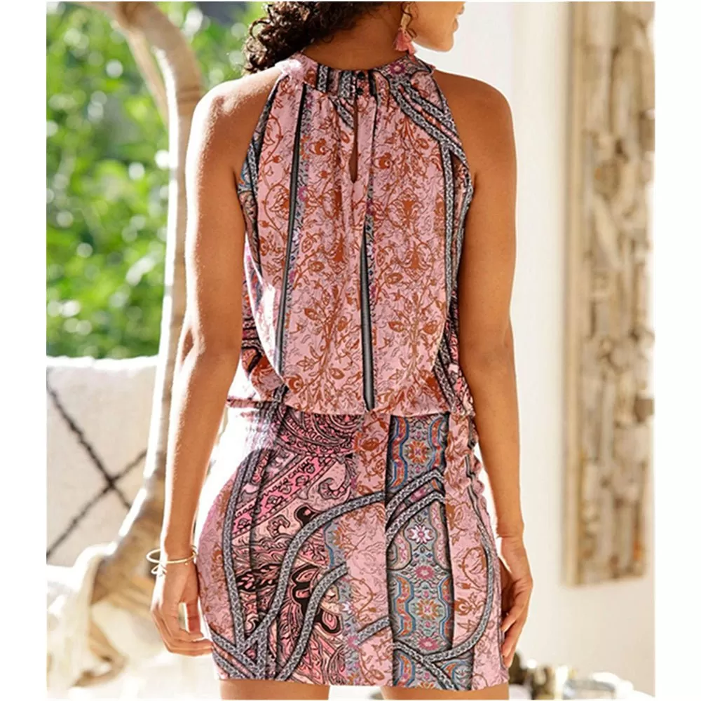 Paisley Mix Summer O Neck Tank Sleeveless Back Hollow Out Elastic Waist Beach Style Mini Dress