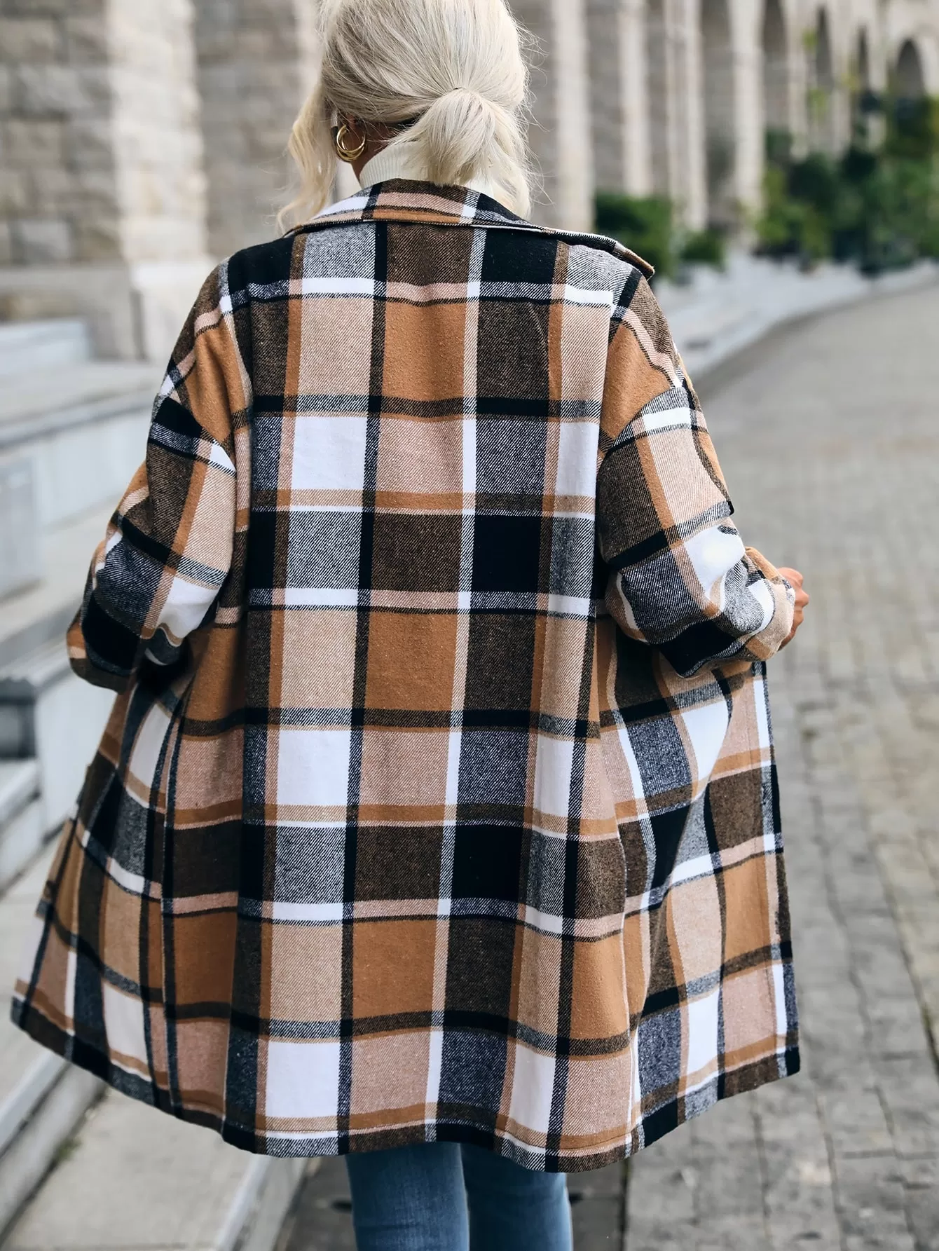 Plaid Print Drop Shoulder Flap Pocket Overcoat