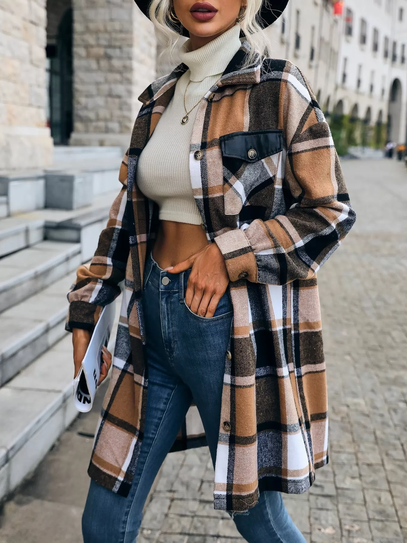 Plaid Print Drop Shoulder Flap Pocket Overcoat