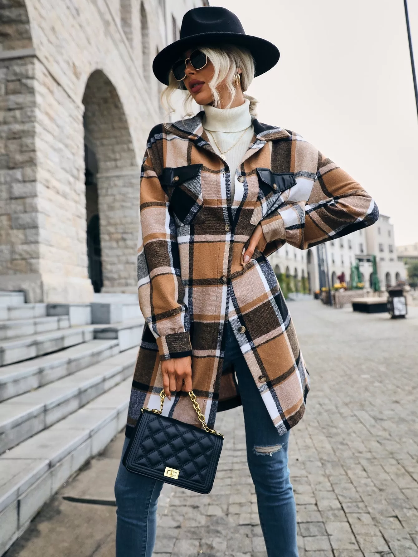 Plaid Print Drop Shoulder Flap Pocket Overcoat