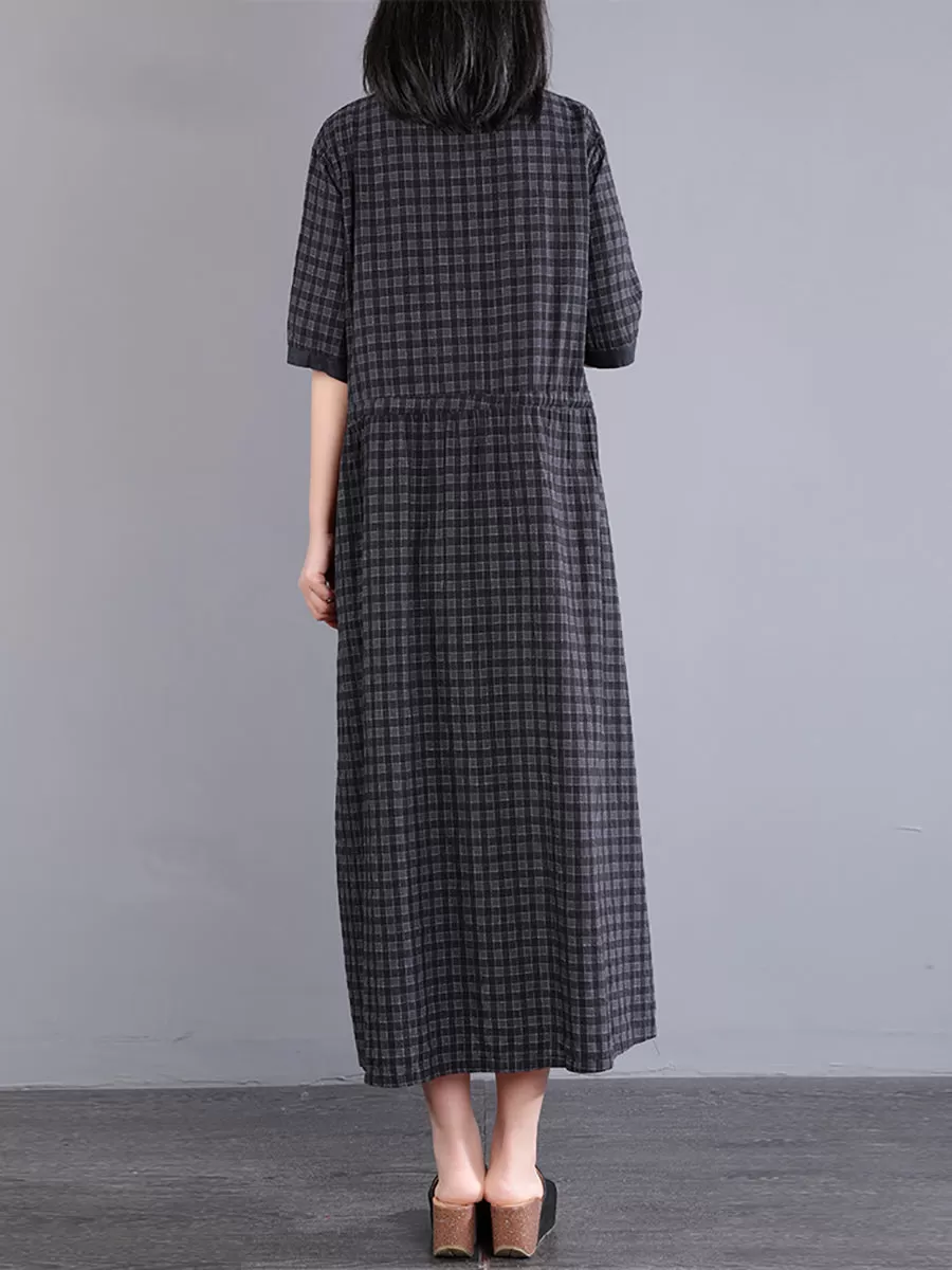 Plus Size Women Artsy Plaid Cotton Linen Dress KL1021