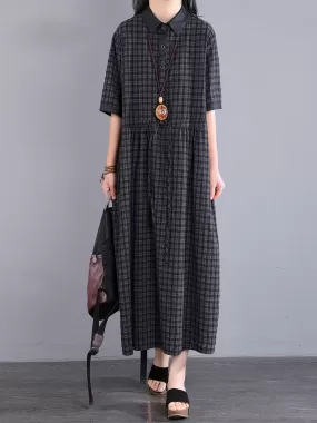 Plus Size Women Artsy Plaid Cotton Linen Dress KL1021