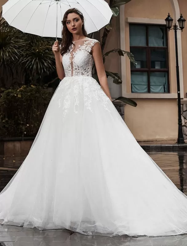 Pricess Wedding Dress Lace Bodice Tulle Satin Fabric Sweep Train Applique Wedding Gown Exclusive