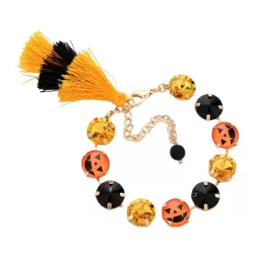 Pumpkin Round Stone Link Triple Tassel Bracelet