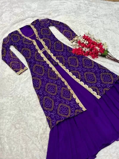 Purple Georgette Bandhej Long Gown With Shrug 1Pc