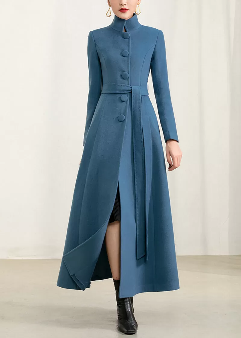 Qearl Stand Collar Fit & Flare Wool Blend Coat