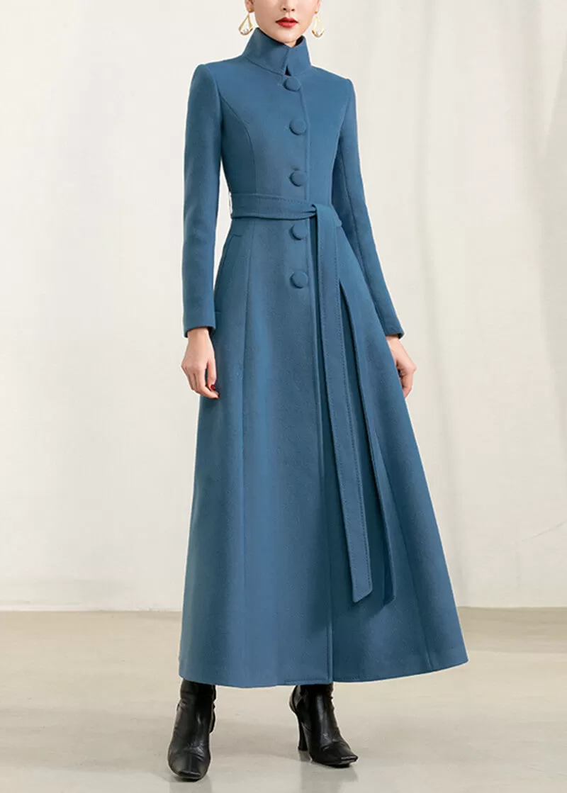 Qearl Stand Collar Fit & Flare Wool Blend Coat