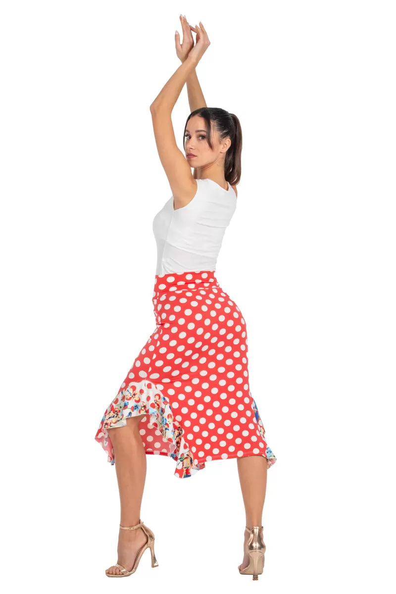 Red Polka-Dot Bodycon Midi Dance Skirt With Side Ruffles