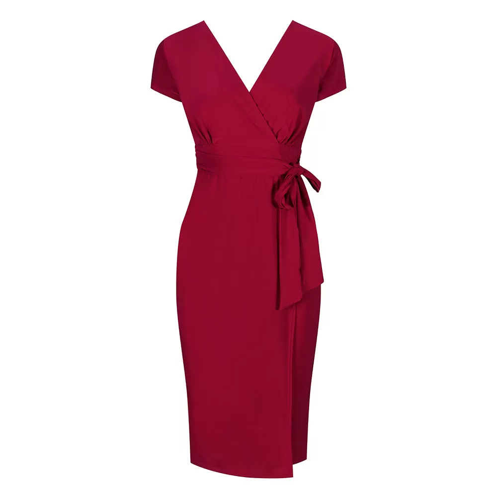 Red V Neck Wrap Effect Cap Sleeve Slinky Midi Cocktail Tie Waist Dress