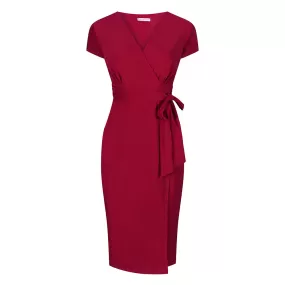 Red V Neck Wrap Effect Cap Sleeve Slinky Midi Cocktail Tie Waist Dress