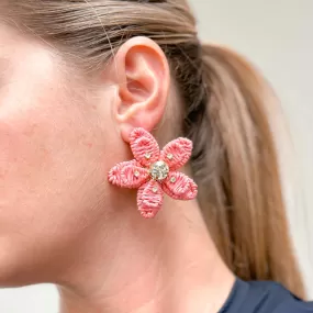 Rhinestone Raffia Flower Statement Earrings - Pink