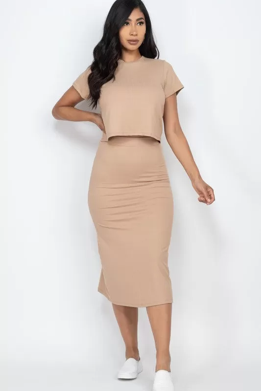 Ribbed Solid Top & Midi Skirt Set