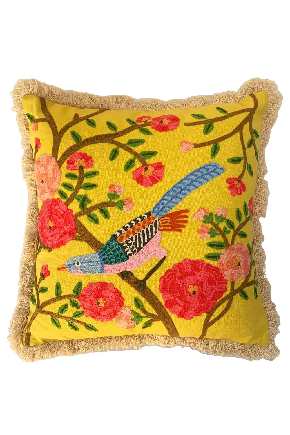 RUBY STAR TRADERS SUMMER BIRD FRINGED CUSHION YELLOW