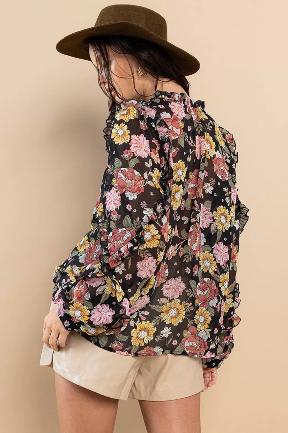 Ruffle Trim Long Sleeve Floral Blouse