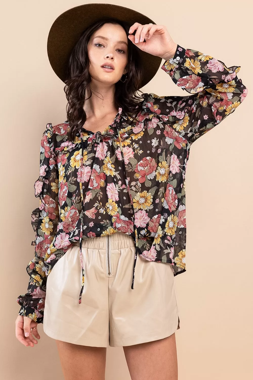 Ruffle Trim Long Sleeve Floral Blouse