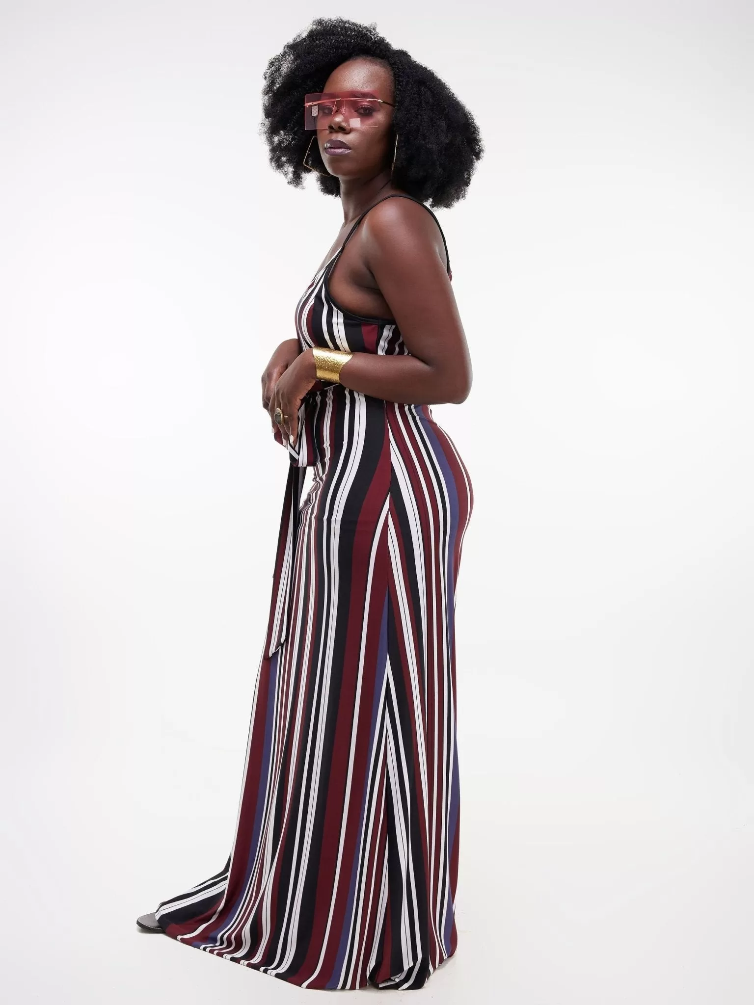 Salok Salama Maxi Dress - Maroon / Black / White Stripes