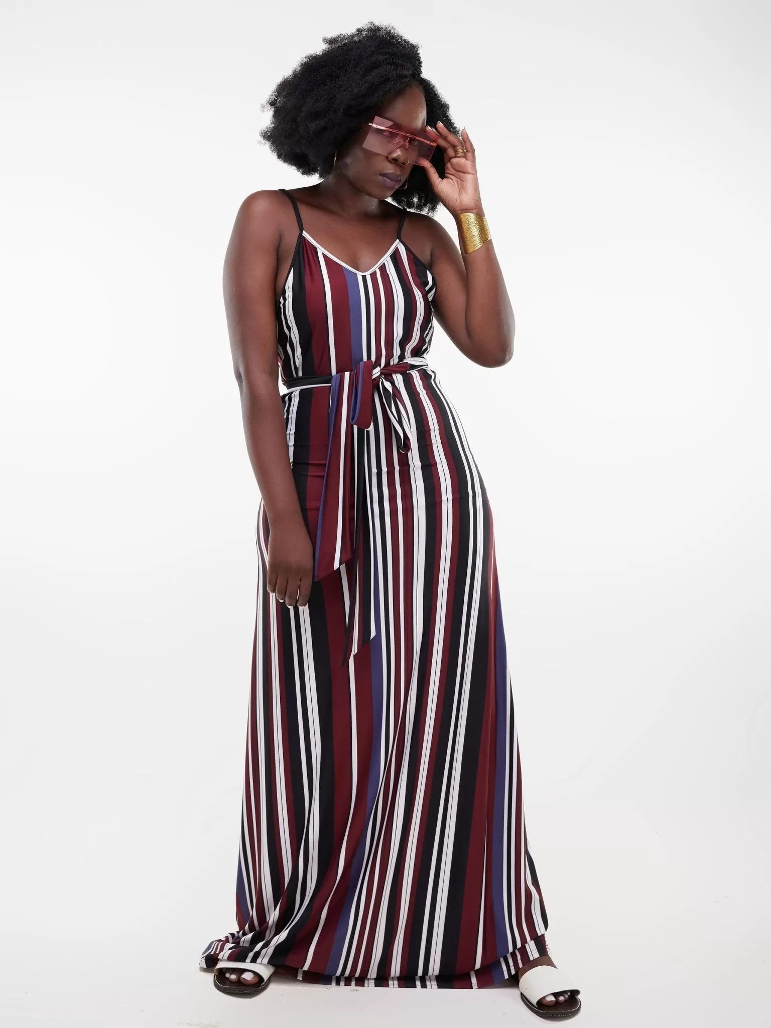 Salok Salama Maxi Dress - Maroon / Black / White Stripes