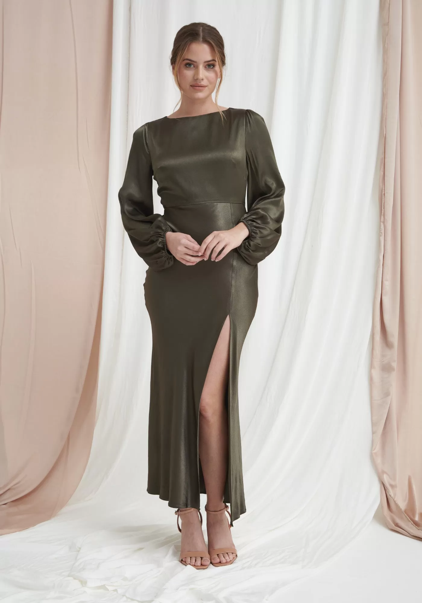 Sara Long Sleeve Split Satin Dress - Dark Olive