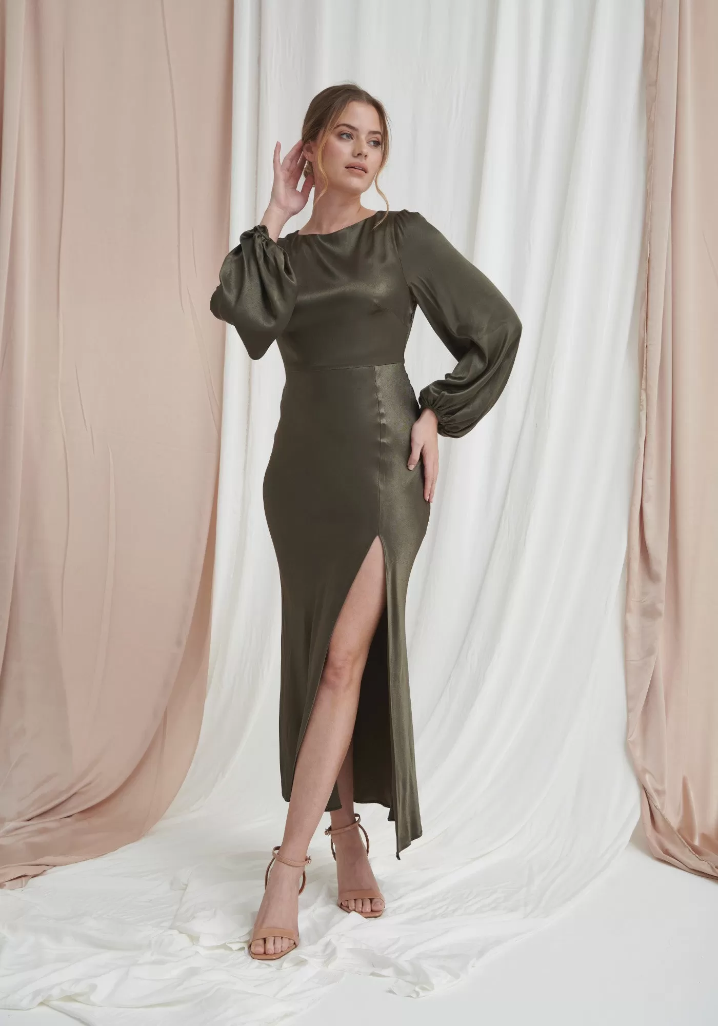 Sara Long Sleeve Split Satin Dress - Dark Olive