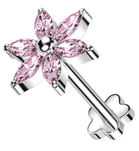 Senary Flower Pink CZ Flower Back Threadless Titanium Labret