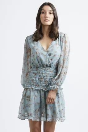 Sicillian LS Dusty Blue Floral Shirred Frill Hem Dress