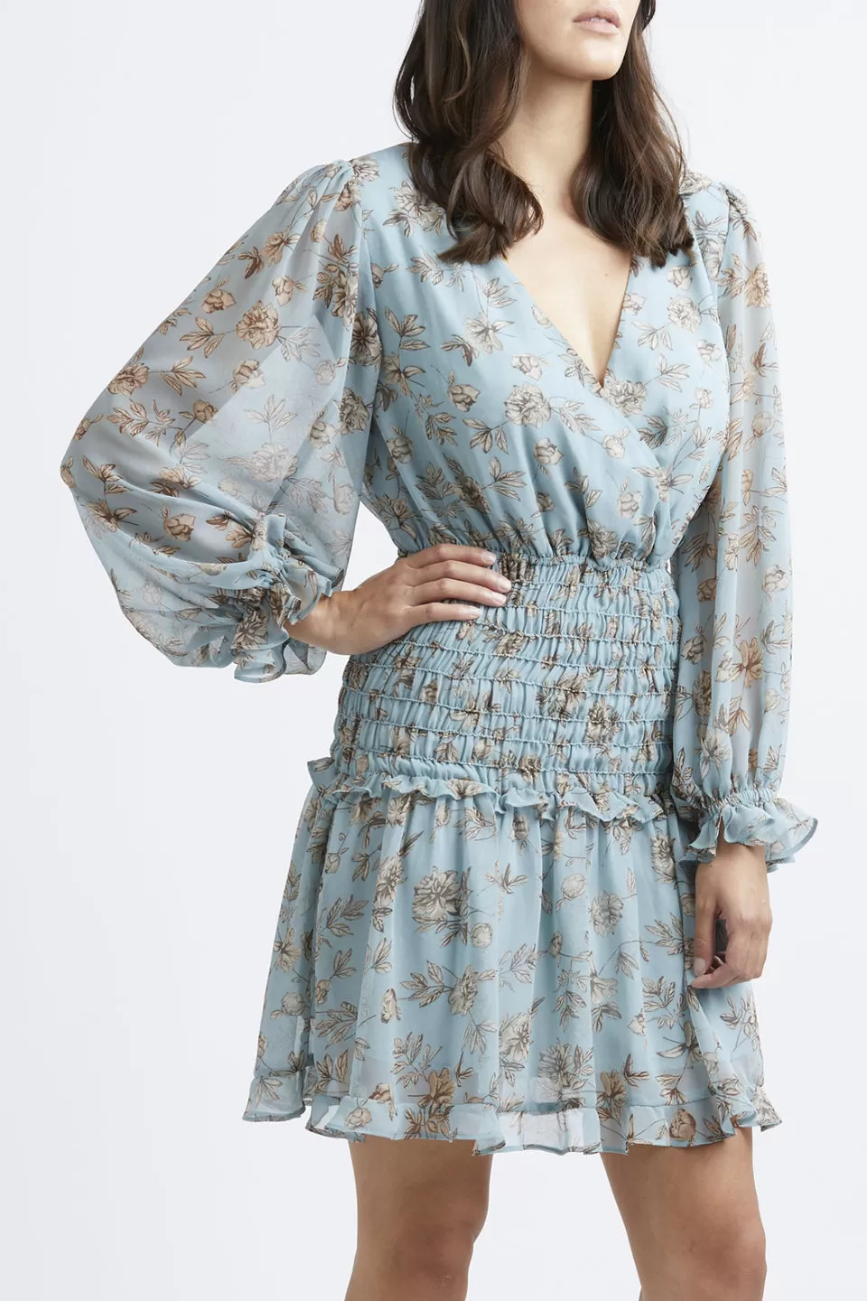 Sicillian LS Dusty Blue Floral Shirred Frill Hem Dress