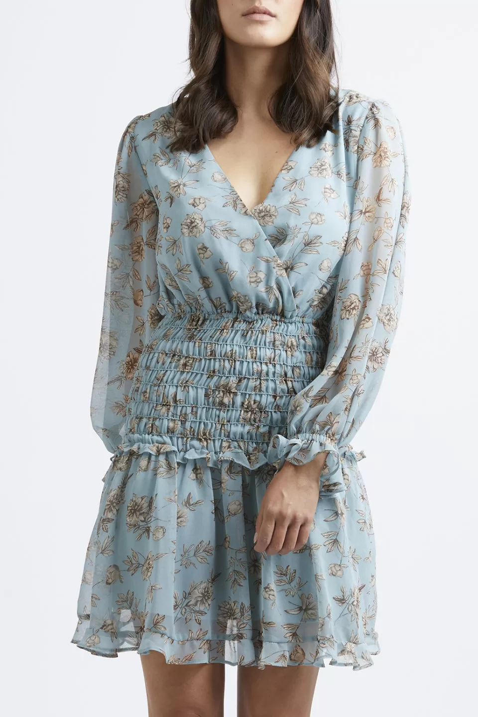 Sicillian LS Dusty Blue Floral Shirred Frill Hem Dress