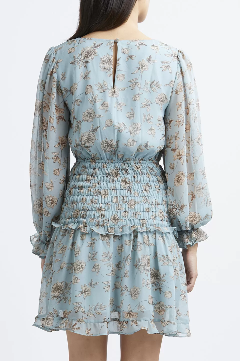 Sicillian LS Dusty Blue Floral Shirred Frill Hem Dress