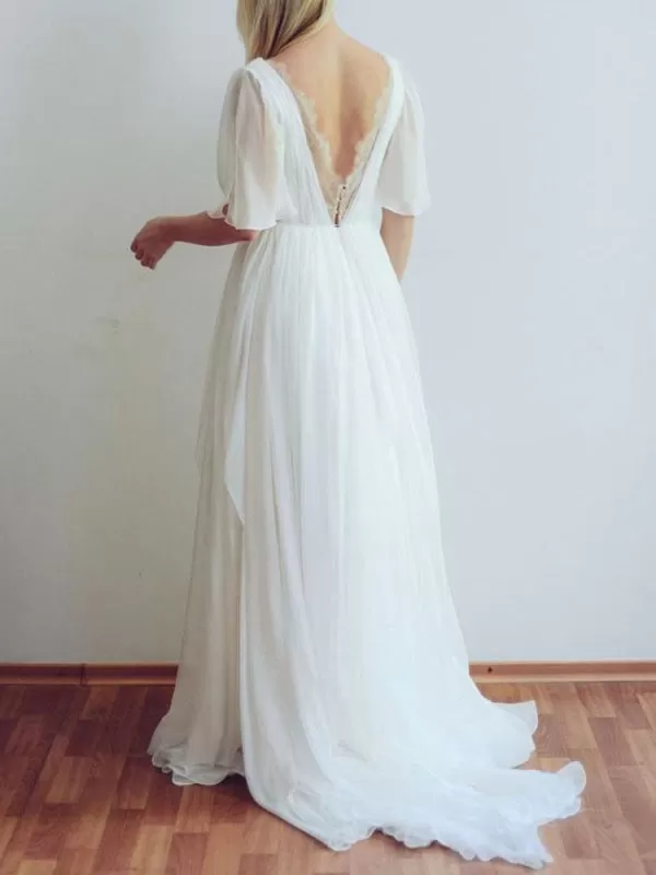 Simple Wedding Dress A Line Chiffon V Neck Half Sleeves Pleated Floor Length With Train Bridal Dresses