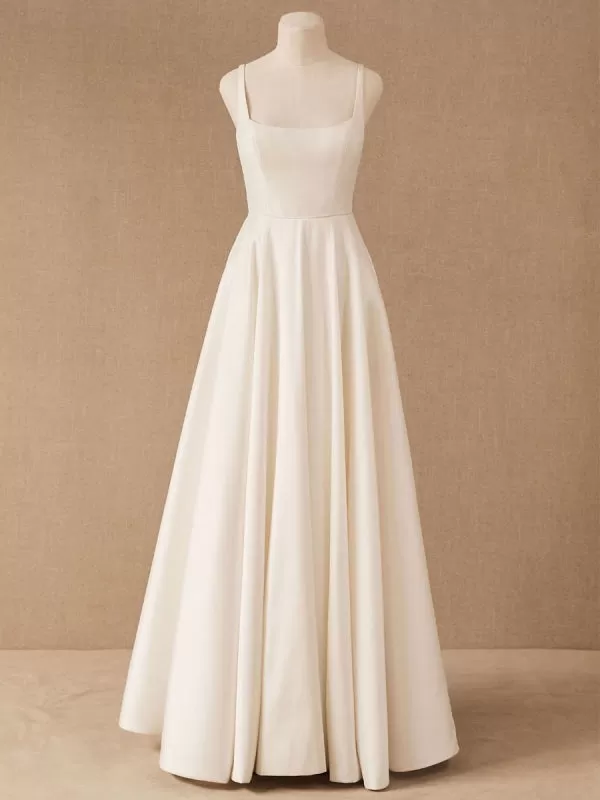 Simple Wedding Dress With Train Satin Fabric Strapless Sleeveless Pockets A-Line Bridal Gowns