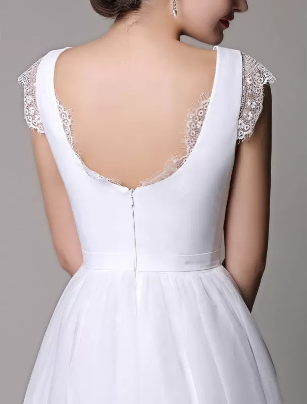 Simple Wedding Dresses Tulle Scoop Neck Knee Length Short Bridal Dress With Lace Cap Sleeves