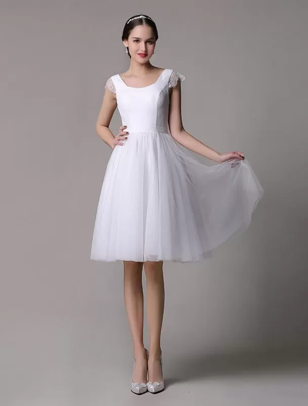 Simple Wedding Dresses Tulle Scoop Neck Knee Length Short Bridal Dress With Lace Cap Sleeves