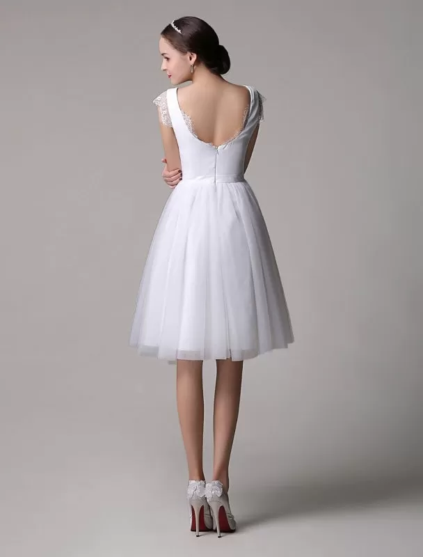 Simple Wedding Dresses Tulle Scoop Neck Knee Length Short Bridal Dress With Lace Cap Sleeves