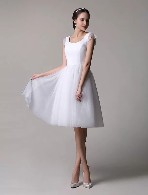 Simple Wedding Dresses Tulle Scoop Neck Knee Length Short Bridal Dress With Lace Cap Sleeves