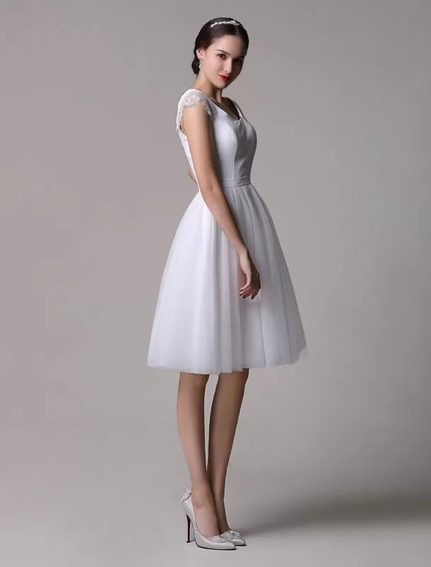 Simple Wedding Dresses Tulle Scoop Neck Knee Length Short Bridal Dress With Lace Cap Sleeves