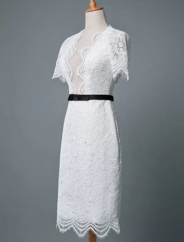 Simple Wedding Dresses V Neck Short Sleeves Sheath Knee Length Vintage Bridal Dresses Exclusive