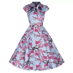 Sky Blue and Pink Floral Print 50s Swing Dress